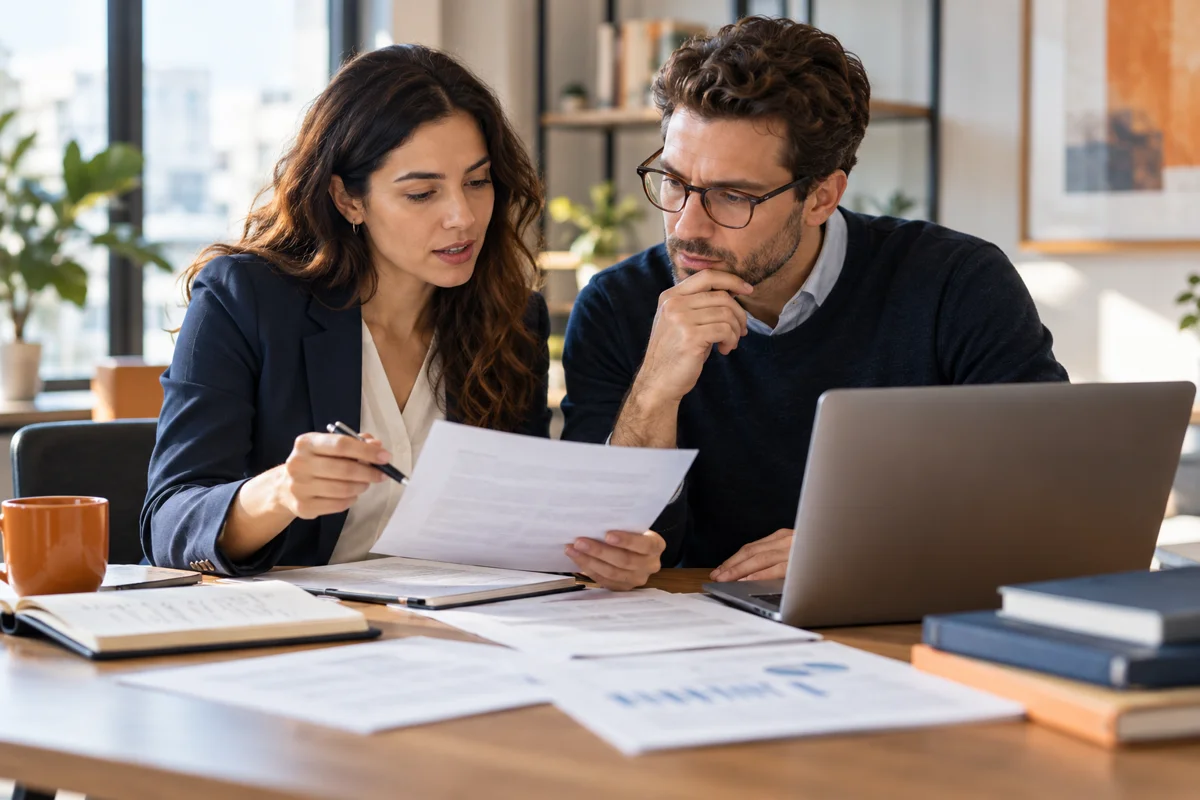 Content editor fact-checking an article with a business specialist