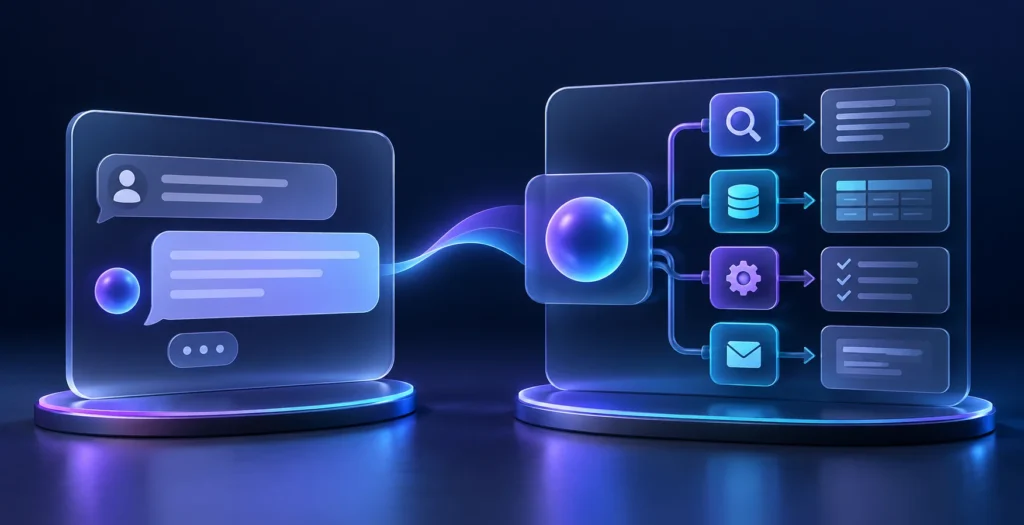 a conversational speech bubble beside a bounded series of tool-action blocks, comparing an answer interface with a tool-using agent