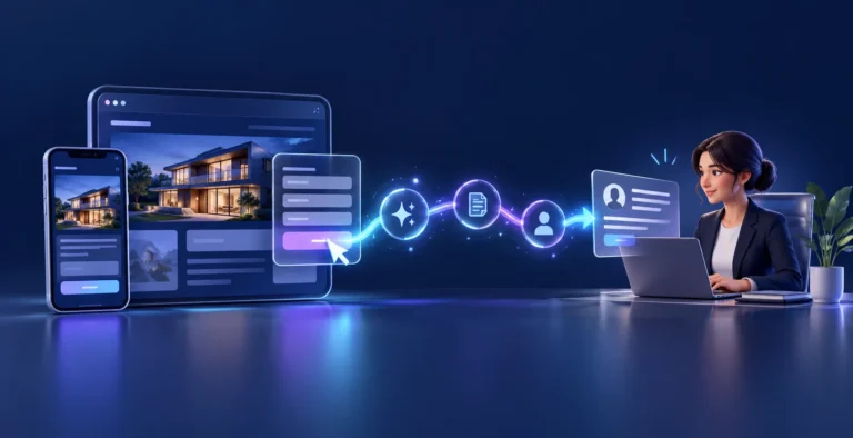 responsive desktop and mobile website frames, a service inquiry passing through a clear illuminated route into a staff handoff
