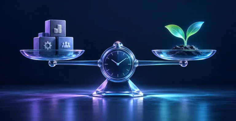 a balanced glass scale with a clock on the fulcrum and cost blocks balanced against a healthy sprout, evaluating the time and value of AI automation