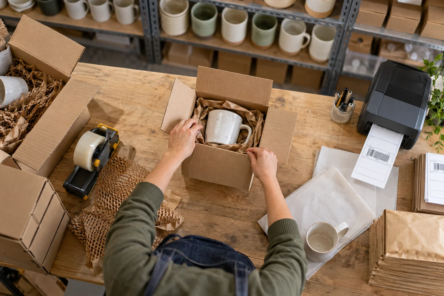Small business packing a ceramic mug order for shipping