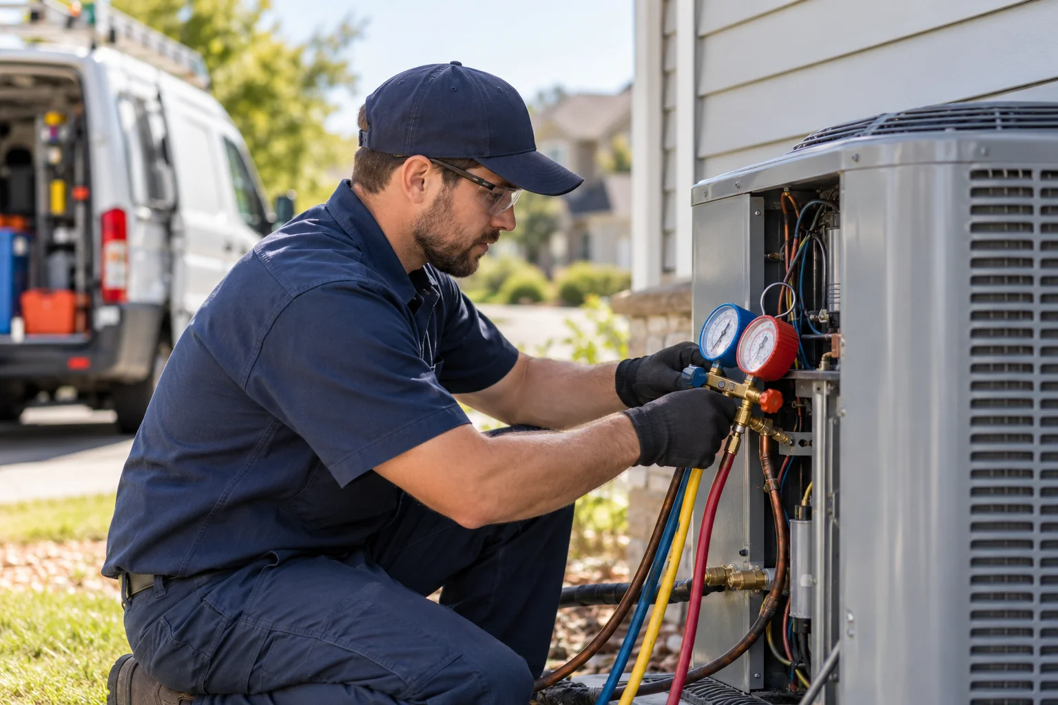 HVAC technician servicing an outdoor air conditioning unit
