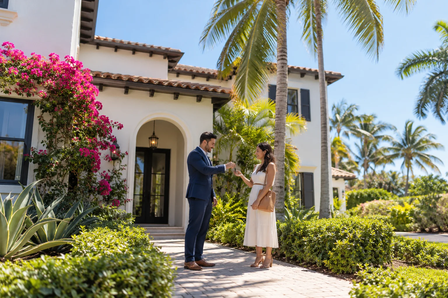 Real estate agent handing house keys to a buyer outside a home