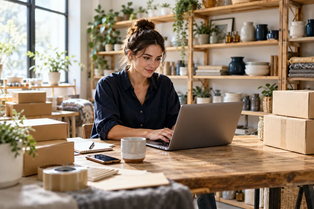 E-commerce business owner reviewing inquiries beside prepared orders