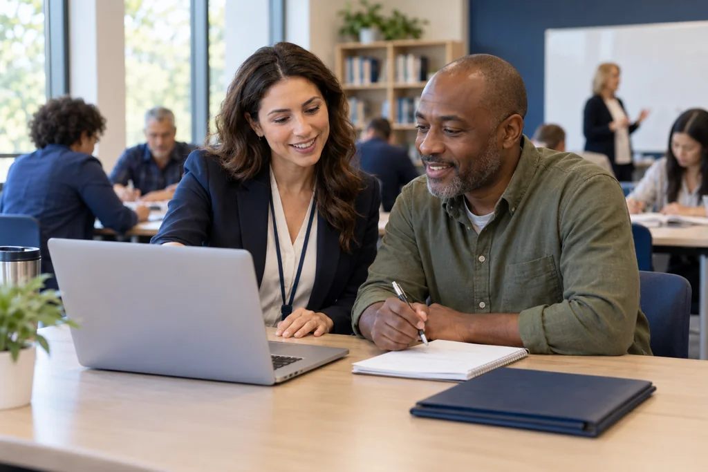Training coordinator guiding an adult learner