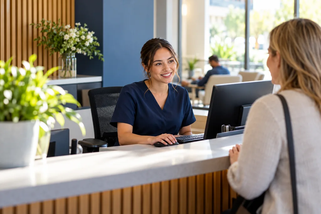 Clinic receptionist handling an administrative appointment inquiry