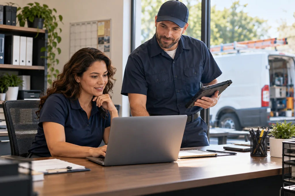 Home services coordinator reviewing a job with a technician