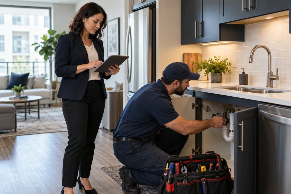 Property manager coordinating a kitchen repair with a maintenance technician