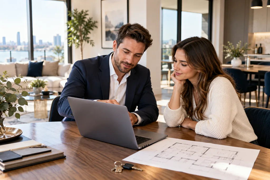Real estate agent discussing a property inquiry with a prospective buyer
