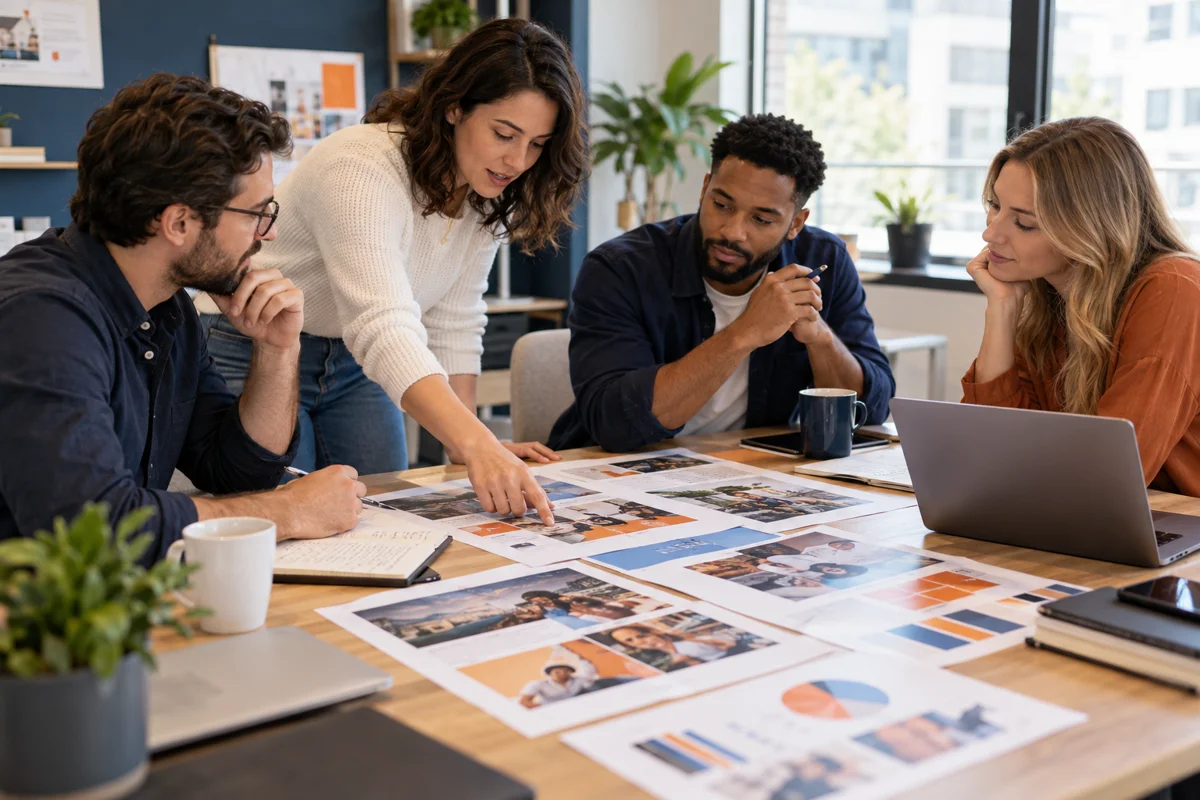 Marketing team reviewing campaign creative and audience plans