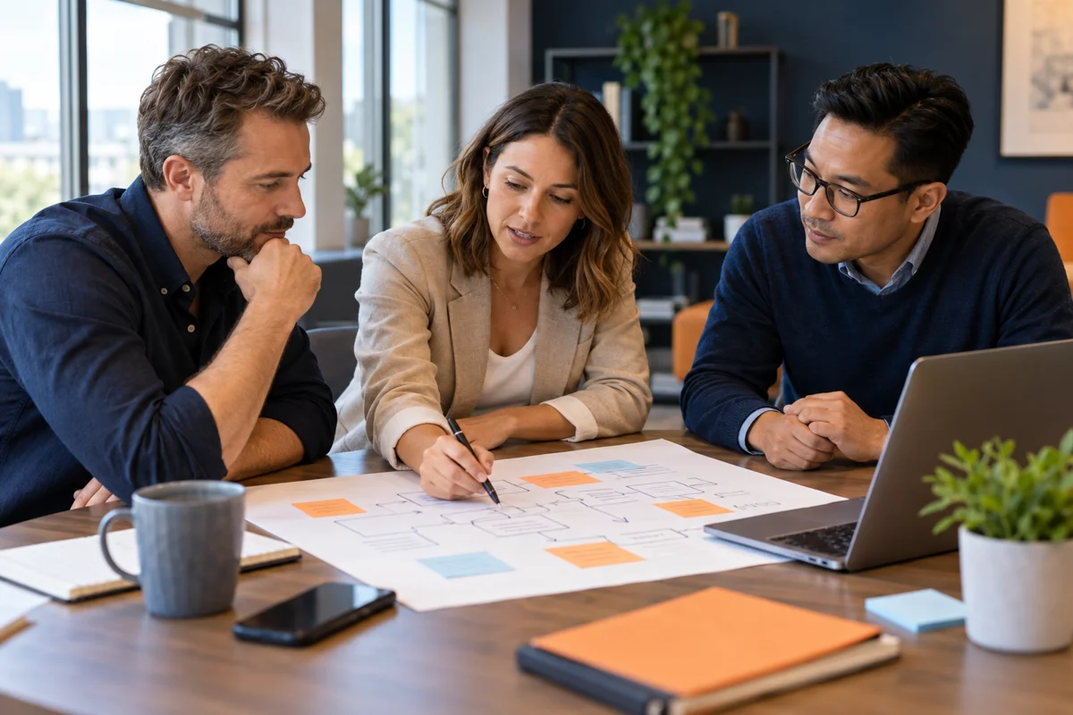 Business leaders mapping an AI strategy with a consultant
