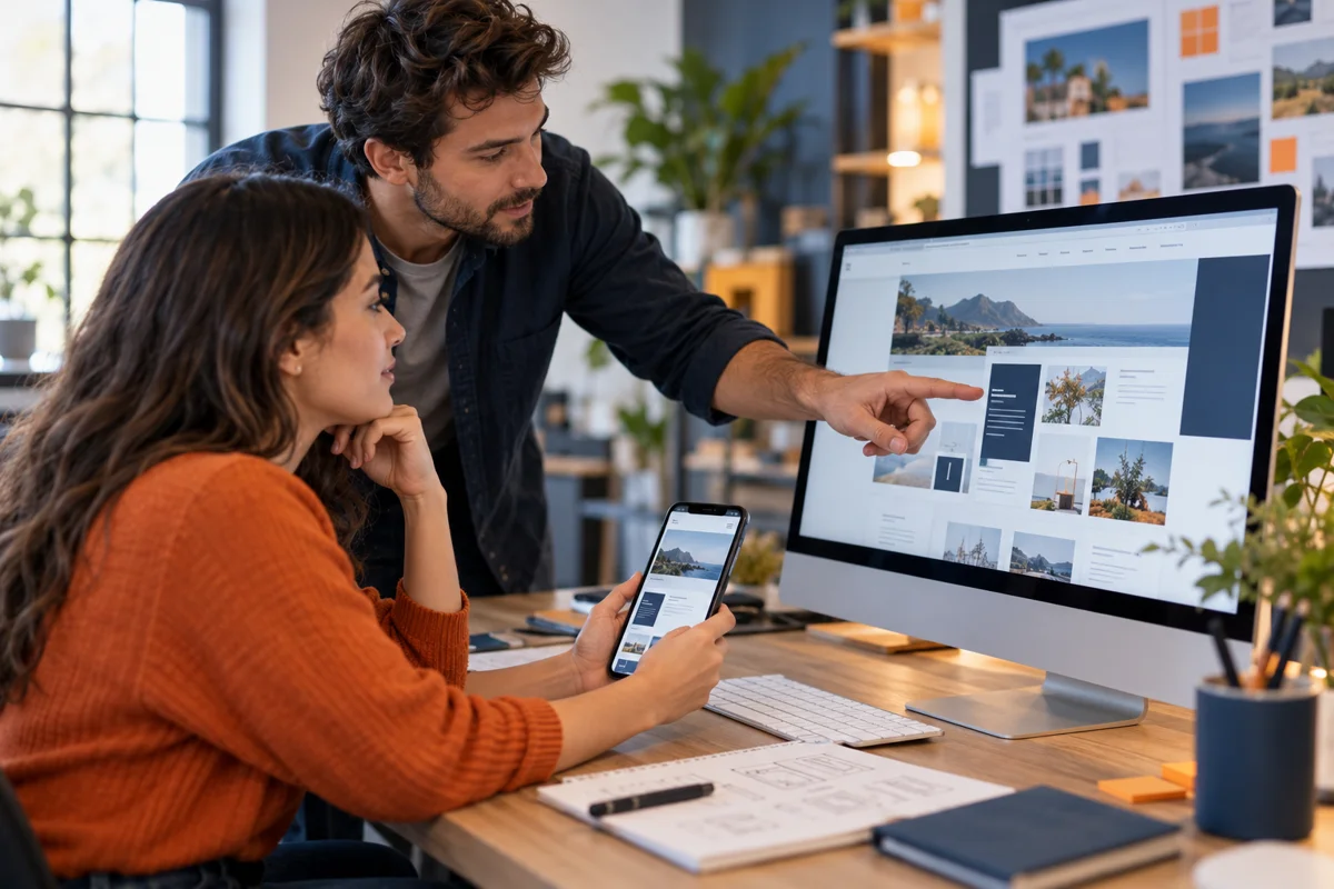 Designer and developer reviewing desktop and mobile website layouts